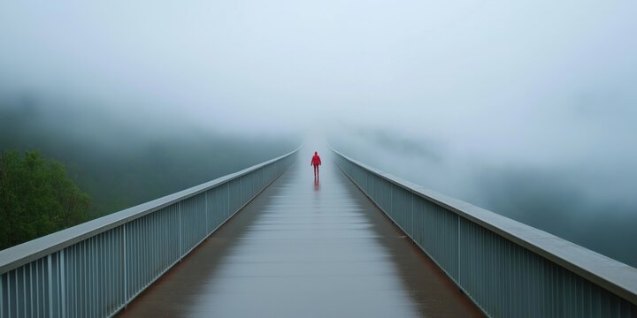 A person is walking on a bridge in the rain. The bridge is over a body of water and the sky is cloudy. The person is wearing a red jacket and he is running. Scene is somber and reflective - Powered by Adobe