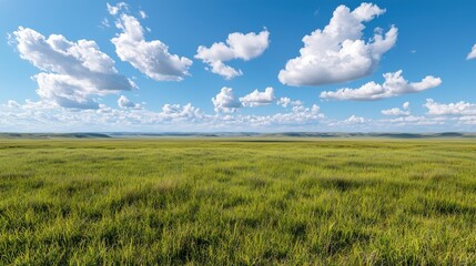Fototapeta premium Sunny day, vast grassland, blue sky, fluffy clouds, nature background, idyllic scenery