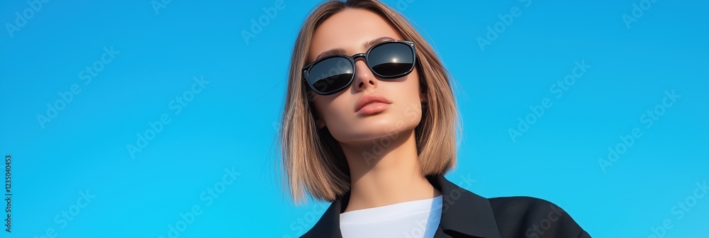 Poster A woman wearing sunglasses and a black jacket is standing in front of a blue sky. Concept of confidence and style, as the woman is dressed in a fashionable outfit and is posing for the camera