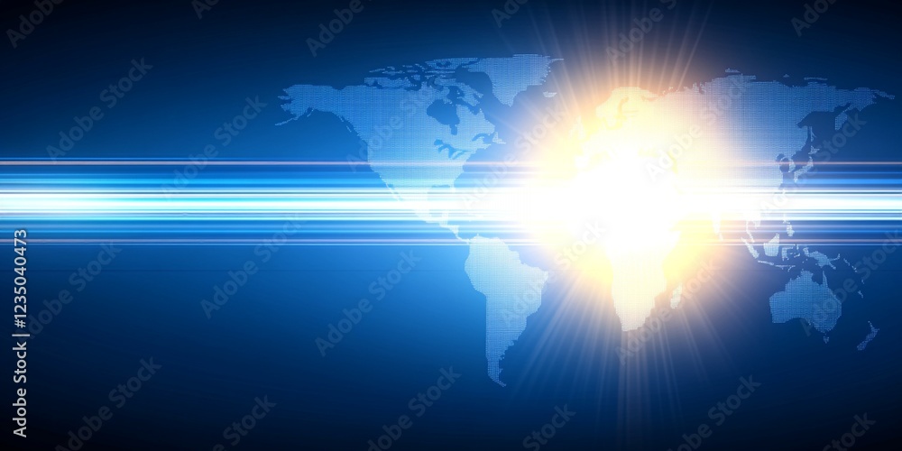 Poster global network digital world map bright light technology background blue fast data rays white lines