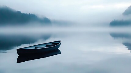 Solitary Boat Floating on Misty Lake Surrounded by Forest Creating Tranquil Nature Scene : Generative AI