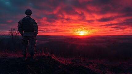 A young man in military uniform stands on top of the hill and looks at the sunset over a flat landscape