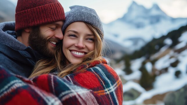 Smiling couple embracing in warm blanket against snowy mountain backdrop