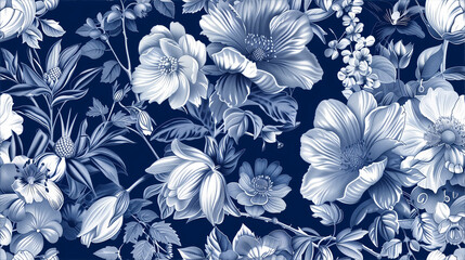 Seamless floral pattern with a variety of flowers in shades of blue, perfect for fabric design, wallpaper, or background use.