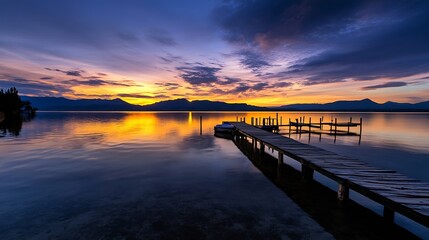 Fototapeta premium Tranquil Lake Pier at Sunset with Vibrant Reflections and Silhouetted Mountains : Generative AI