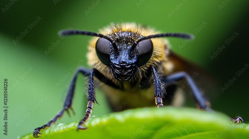 Poster close up of a bee with detailed eyes on a green leaf in a natural setting : generative ai