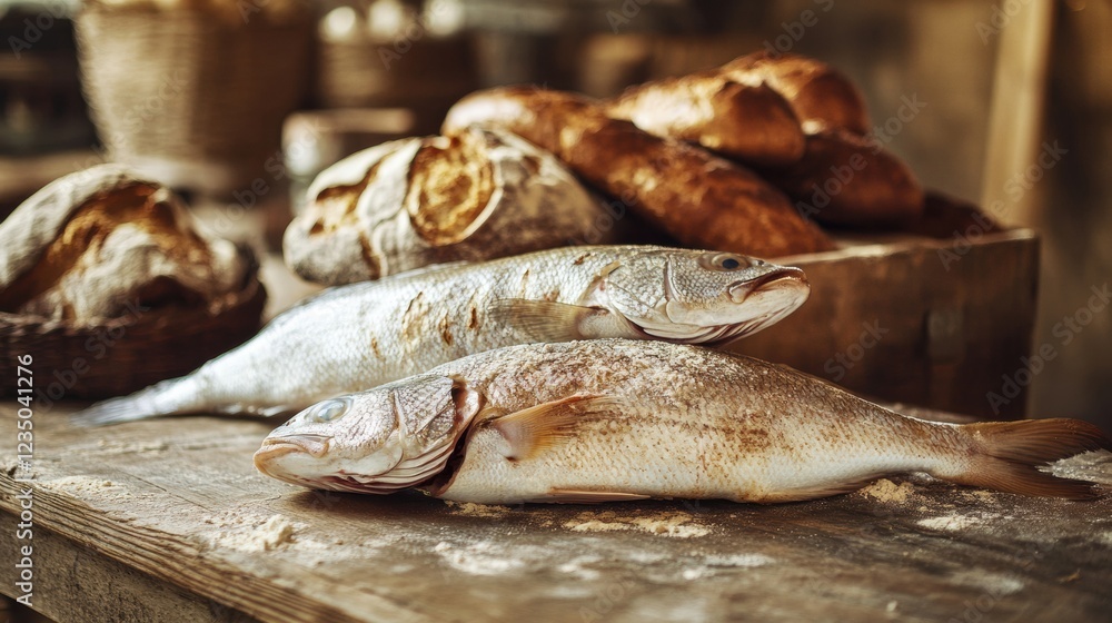 Poster fresh fish and artisanal bread displayed on a rustic wooden table in a market setting during the lat