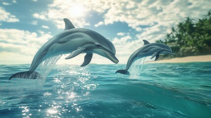 Obraz premium Dolphins leap gracefully over sparkling waves under a bright sky in a tranquil tropical setting