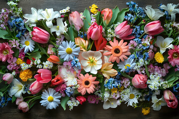 Obraz premium Vibrant spring flower arrangement featuring various blooms in an artistic display on a wooden table