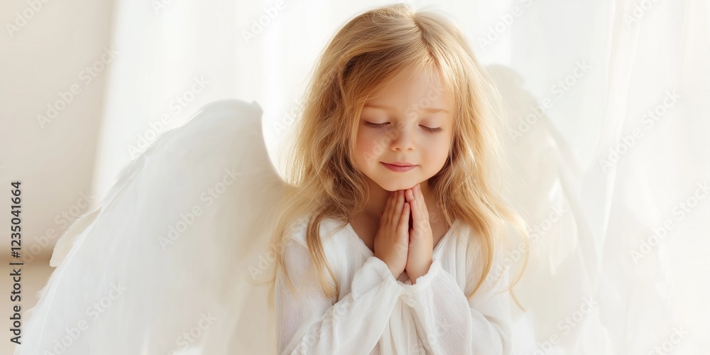 Sticker A young girl in a white dress with wings on her back is praying. She is looking up at the camera with a peaceful expression on her face