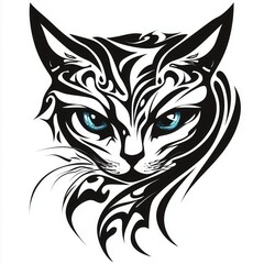 Obraz premium Black and white cat logo featuring striking blue eyes against a white background