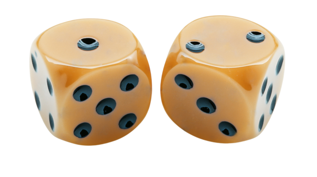 Pair of orange dice showing one and three on transparent background