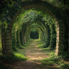 Ancient vine-covered stone archway leading through a lush green path