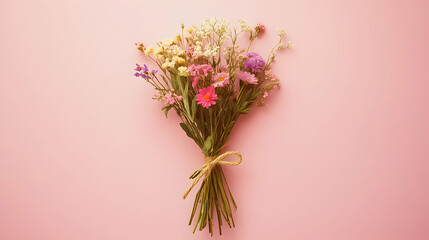 Colorful bouquet of wildflowers tied with twine against a pastel pink background