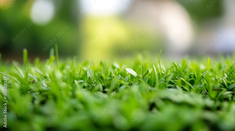 Poster closeup of lush green grass with blurred background highlighting vibrant spring growth and freshness