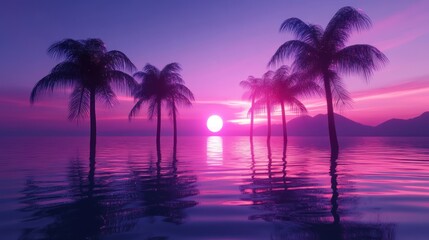 Palm Trees Silhouetted Against a Vibrant Sunset Ocean
