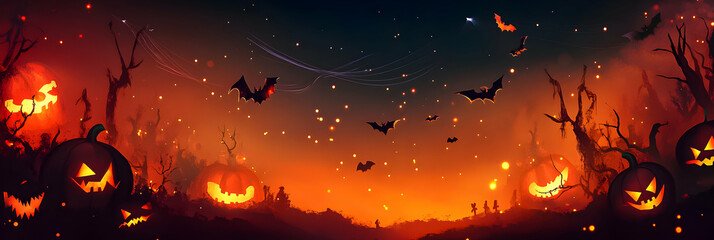Spooky Halloween night with glowing pumpkins and bats in a dark forest landscape
