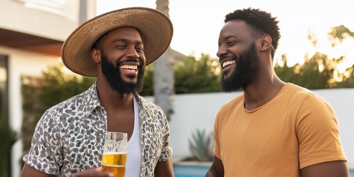 Two men are smiling and holding glasses of beer. One of them is wearing a straw hat. Scene is lighthearted and fun - Powered by Adobe