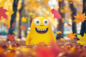 A cartoon-style cheerful yellow character with a wide smile and a joyful expression