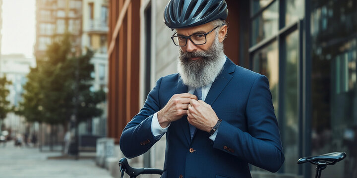 Businessman adjusting suit outdoors near bicycle