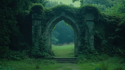 Ancient ivy-covered stone archway leading into a mysterious green forest