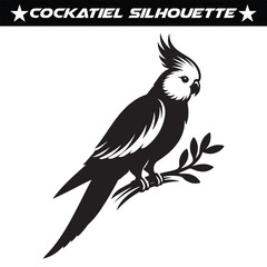 Black and white cockatiel silhouette vector illustration.
