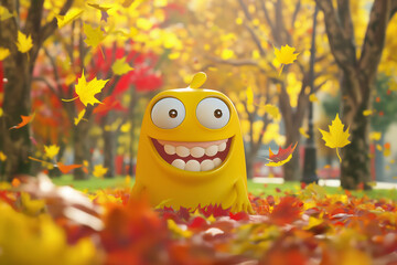 A cartoon-style cheerful yellow character with a wide smile and a joyful expression