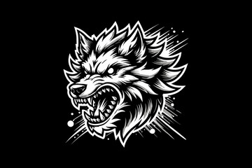 Fototapeta premium angry wolf head Black And White silhouette Design On Black Background
