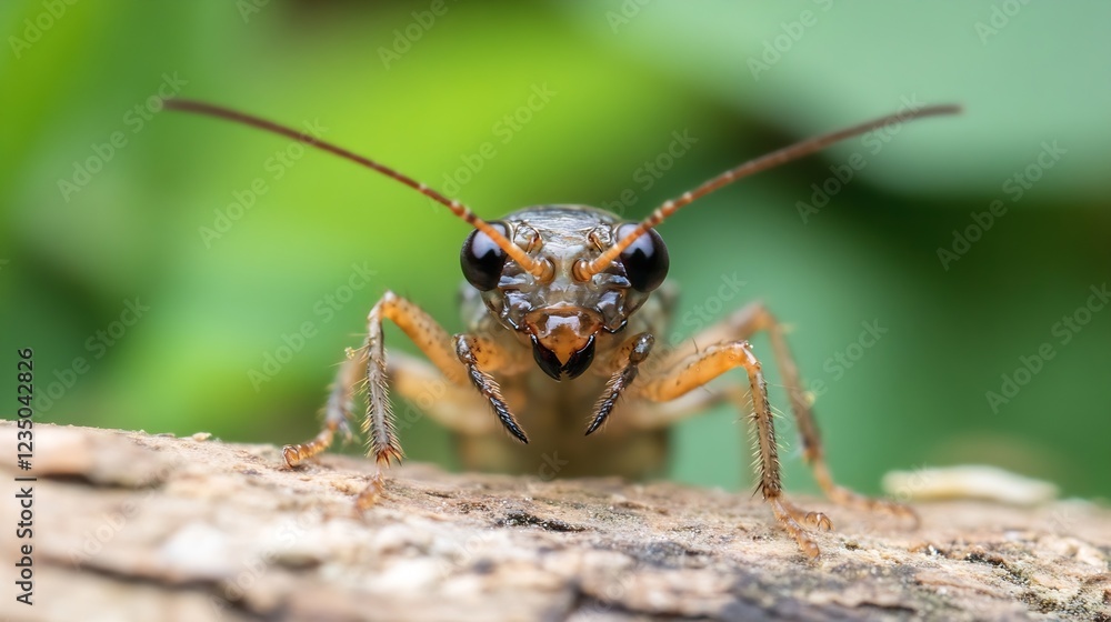 Poster Closeup view of a detailed grasshopper with expressive eyes and vibrant green blurred background : Generative AI