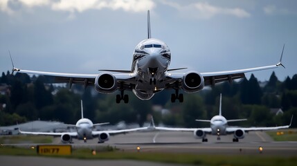 Naklejka premium Commercial Airplanes Landing and Taxiing on Runway at Busy Airport : Generative AI