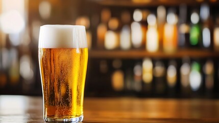 Full pint of golden lager beer with frothy head in a busy bar setting : Generative AI