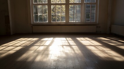 Sundrenched empty room with large windows and wooden floors : Generative AI