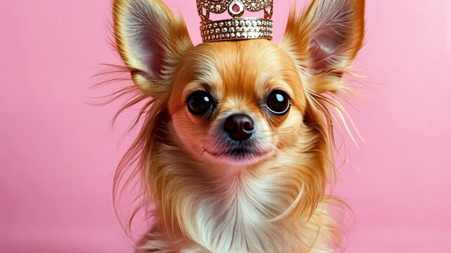 Cute chihuahua wearing a crown on a pink background poses for a fun portrait celebrating pet royalty and charm