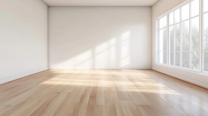 Obraz premium Sunlit Minimalist Empty Room with Wooden Flooring and Large Windows Ideal for Interiors : Generative AI