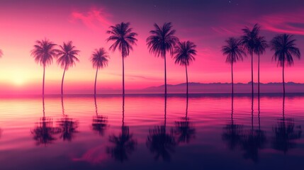 Obraz premium Pink Sunset Over Tropical Ocean With Palm Trees