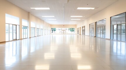 Expansive Bright Commercial Space with Reflections on Polished Floor and Natural Light : Generative AI