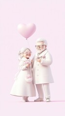 An elderly couple joyfully stands together, holding a heart-shaped balloon, both dressed in light colors, symbolizing lasting love and happiness.