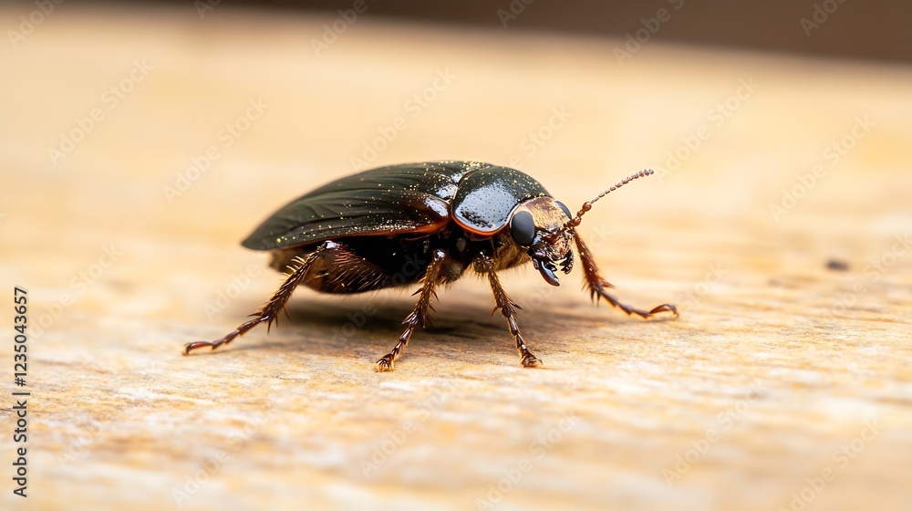 Poster close shot of a beetle on wooden surface with detailed exoskeleton : generative ai