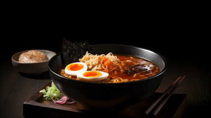 Spicy ramen with soft-boiled eggs and seaweed in black bowl