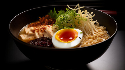 Bowl of ramen with tofu, egg, and green onions
