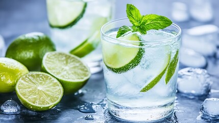 Refreshing Lime and Mint Infused Sparkling Water with Ice Cubes : Generative AI