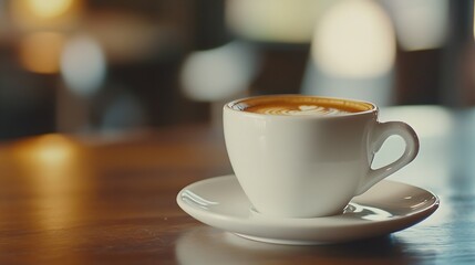 Fototapeta premium Closeup of a steaming cappuccino on a wooden table in a cozy cafe interior setting : Generative AI