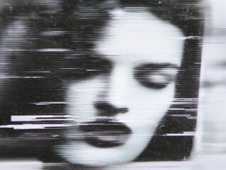 A distorted, monochrome image of a face with glitch and static effects, creating an abstract and eerie atmosphere.