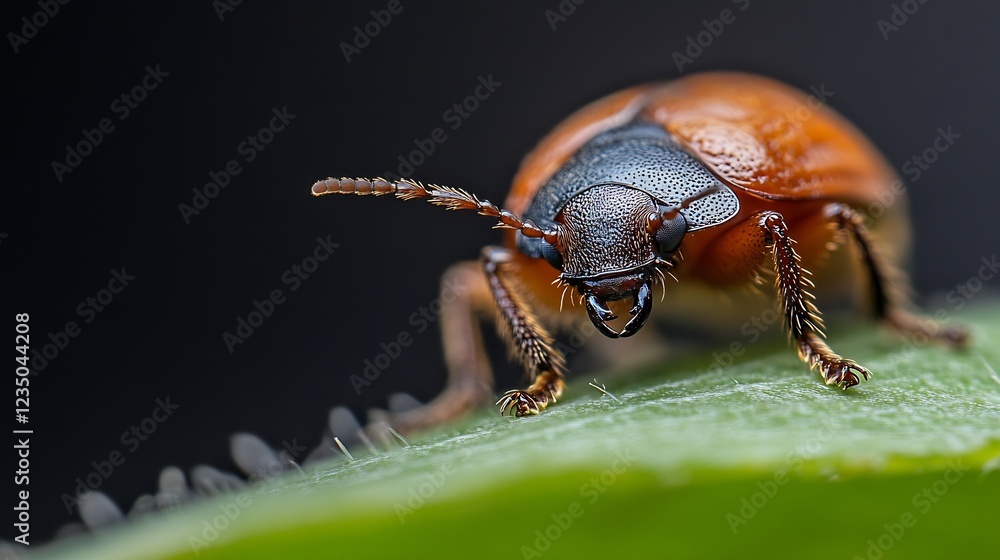 Poster vibrant red beetle in macro photography on green leaf background : generative ai