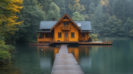 Obraz premium Lakeside cabin, autumn mist, forest backdrop, serene retreat