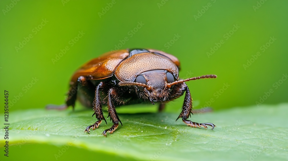 Poster closeup of shiny brown beetle on leaf with green blurred background in nature : generative ai