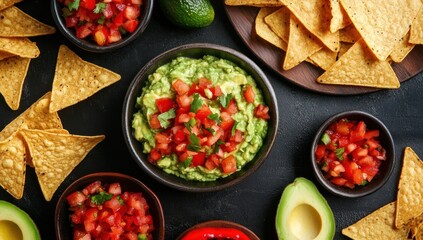 Delicious Mexican Food Platter: Guacamole, Pico de Gallo, and Tortilla Chips