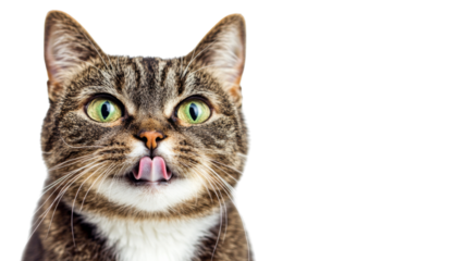 Portrait of european shorthair cat licking nose on transparent background