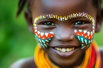 Smiling child with traditional face paint against a vibrant green background in a cultural celebration