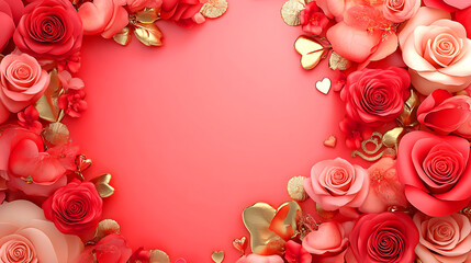 Romantic Rose Arrangement on a Coral Background, A vibrant, coral-colored background is framed by a profusion of meticulously crafted, paper roses in shades of red and pink, accented by gold leaf and 